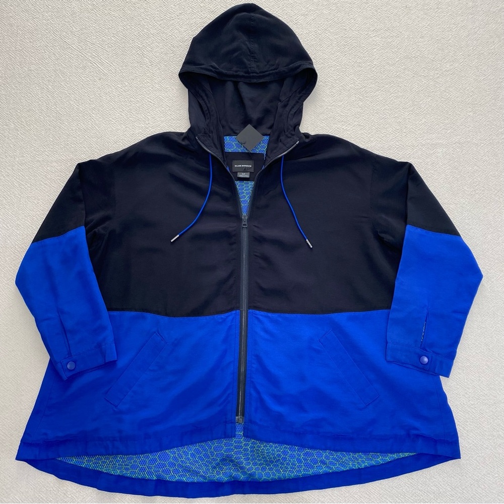 CLUB MONACO Women's Windbreaker Anorak Jacket sz S Black Blue Hooded Zip-Up NWT